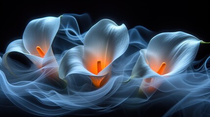 Wall Mural -  a group of white flowers sitting next to each other on top of a lush green leafy field of green and white smoke in front of a black back ground.