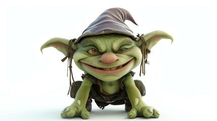 Wall Mural - This image shows a green goblin with a mischievous smile on its face. It is wearing a brown hat and has pointy ears.