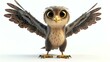 A cute and fluffy baby owl with big eyes and a friendly expression. The owl is standing on a branch with its wings spread open.