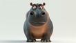 This is a 3D rendering of a cute and friendly hippo. The hippo is sitting on a white background and looking at the camera with a curious expression.