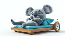 A Cute And Cuddly Koala Is Sleeping On A Bed. The Koala Is Wearing A Blue Nightcap And Has A Big Smile On Its Face.
