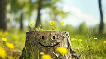 Tree Stump Has A Smiley Face Drawn On It, With Yellow Flowers Growing On It, Optimistic Concept