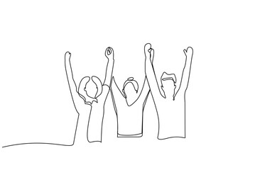 Wall Mural - three friends people rejoice celebrating victory success happy one line art design