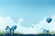Card template cute house and grass on blurred soft blue and white color heart background for cute and relax design