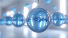  A Blue Christmas Ornament Hanging From A Line Of Shiny Blue Baubles In Front Of A White Background With Light Coming Through The Top Of The Baub.