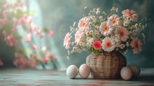  A Basket Filled With Flowers And Eggs Sitting On Top Of A Table Next To A Vase With Daisies And Daisies On Top Of The Basket Is Sitting On A Table.