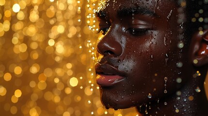 Sticker -  a close up of a person's face with drops of water on the window and a gold boke of lights in the back ground behind the man's head.