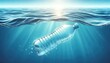 A clear plastic bottle floating aimlessly on a calm, blue ocean, with sunlight reflecting off the water, serving as a reminder of environmental pollution. AI Generated