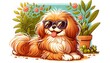 Illustration of a cute dog, its fur ruffled playfully, donning a pair of trendy sunglasses, lounging comfortably in a sunny garden setting. AI Generative