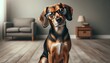 Photo of a charismatic dog with a glossy coat, wearing stylish prescription glasses, sitting obediently with a curious expression, against a calm indoor backdrop. AI Generative