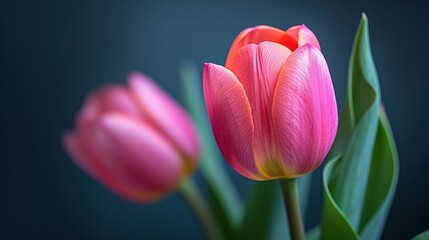  a close up of two pink tulips with green stems in the foreground and a blue background with a black back ground and a black back ground with a single tulip in the foreground.