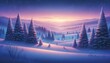 A tranquil winter landscape during dusk with snow-covered hills and evergreen trees. AI Generative