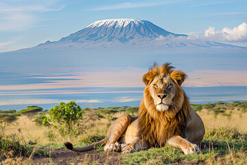 Lion portrait on savanna landscape background and Mount Kilimanjaro at sunset. Panoramic version