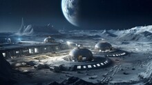 Concept Of Lunar Base, Where Humans Have Established A Presence. Natural Satellite Of The Earth Colonization, Space Travel