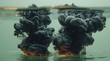  A Group Of Black Smoke Floating On Top Of A Body Of Water Next To A Floating Object On Top Of A Body Of Water Next To Another Type Of Water.