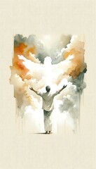 Wall Mural - Man with arms outstretched standing in front of a cloud of smoke with silhouette of an angel.