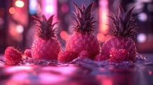  A Group Of Three Pineapples Sitting Next To Each Other On Top Of A Puddle Of Water In Front Of A Cityscape With Lights In The Background.