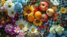 A Top View Of A Picnic Scene Set On A Gingham Blanket, With A Basket, Fresh Fruits And A Bouquet Of Spring Flowers.