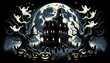 An illustration depicting a spooky Halloween night with a moonlit mansion, twisted trees, ghostly figures, and eerie-faced pumpkins. AI Generated