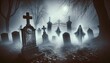 A photo-style image showcasing a fog-covered graveyard on Halloween, with old tombstones, a wrought-iron gate, and ghostly apparitions emerging from the fog. AI Generated