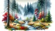 A misty forest landscape in autumn depicted in watercolor. AI Generated