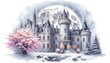 An elegant stone castle covered in snow with a blossoming pink flower tree and a silvery moon in the background. AI Generated