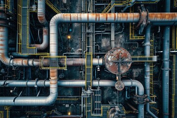 Poster - A photo showcasing an assortment of pipes and valves in a large commercial building, Intricate pattern of industrial pipelines from an aerial view, AI Generated