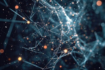 Poster - A striking composition of a blue and black background illuminated by numerous lights, Intricate spider web of interconnected devices with encrypted connections, AI Generated