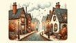 An illustration of a cozy street in a small town during fall, with quaint houses, cobblestone streets, and street lamps. AI Generated
