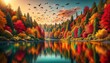 A scenic landscape during autumn, showcasing a forest with trees displaying a range of autumnal colors. A calm river reflects the brilliant hues, with birds flying overhead. AI Generative