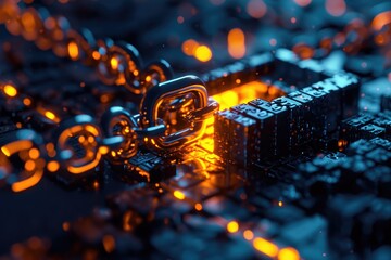 Poster - A detailed look at the intricate circuitry and heat sink of a computer processor, Key unlocking a secured block in a blockchain, AI Generated