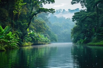 Poster - A clear blue lake sits peacefully amidst a dense forest of vibrant green trees, Landscape of a river in the midst of the deep rainforest, AI Generated