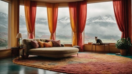 Wall Mural - multi-colored guest room outside the windows there are mountains and rain. There is a cat pattern on the wall and a fluffy carpet on the floor