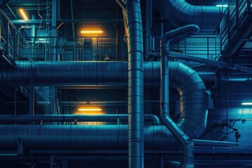 Poster - This photo showcases a detailed view of a large and intricate industrial pipe system within the confines of a building, Lit up industrial pipelines at night, AI Generated