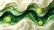  a painting of limes and water bubbles on a wavy green and white background with white swirls and bubbles on the top of the bottom of the image and bottom half of the image.