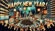 A comic-style depiction of a bustling city square during New Year's Eve celebrations with fireworks and the words 'Happy New Year'. AI Generative