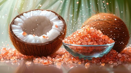 Wall Mural -  a close up of a bowl of sugar next to a cut in half coconut and a cut in half coconut on a table with a palm leaf in the background.