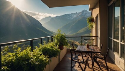 Wall Mural - a bright balcony with rays of sun overlooking the mountains, on the balcony there are shelves of climbing greenery