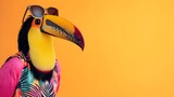 Fototapeta  - 
Creative animal concept. Toucan hornbill bird vibrant bright fashionable outfits isolated on solid background advertisement, copy text space. birthday party invite invitation banner