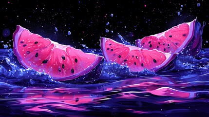 Wall Mural -  two slices of watermelon floating on top of a body of water with splashes of water on the surface of the water and on top of the water is a black background.