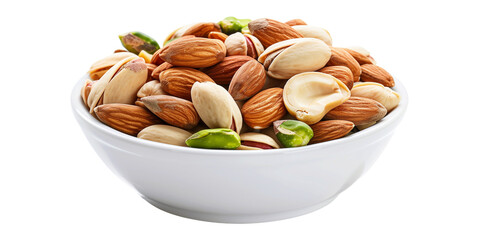 bowl of mixed nuts almonds cashew pistachio, isolated on transparent  background