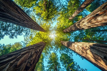 Wall Mural - This photo captures the perspective of looking up at the towering tops of trees in a dense forest, Majestic redwood trees reaching towards the sky, AI Generated