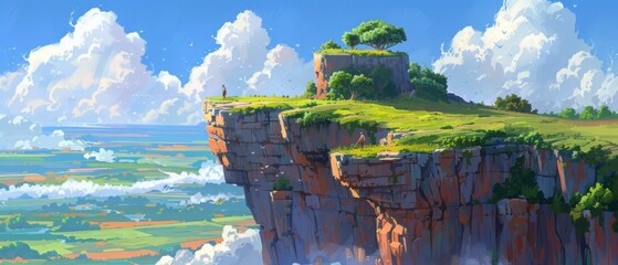 Wall Mural - a painting of a cliff in the middle of the ocean with a person standing on top of one of the cliffs.