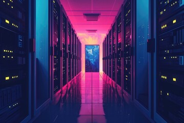 Aufkleber - a long hallway in a data center filled with rows of servers, minimalist art representation of nas st