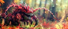 A Digital Painting Of A Red Dragon In The Middle Of A Forest With Lots Of Leaves And Flowers On The Ground.