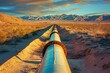 A photo of a pipe standing in the middle of a barren desert landscape, with majestic mountains towering in the background, Mirage effect on industrial pipelines in a hot, arid landscape, AI Generated