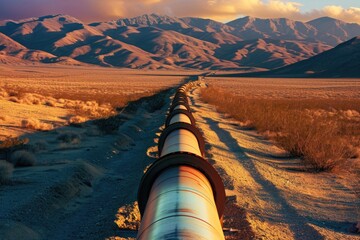 Sticker - A pipe stands in the middle of a desert, with majestic mountains visible in the background, Mirage effect on industrial pipelines in a hot, arid landscape, AI Generated