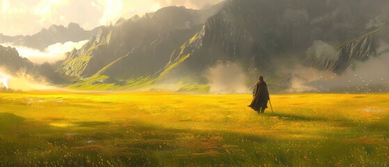 Wall Mural - a painting of a person standing in a field of grass with mountains in the background and clouds in the sky.