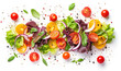 A vibrant display of a fresh garden salad with colorful vegetables, greens, and spices scattered artistically on a white background.