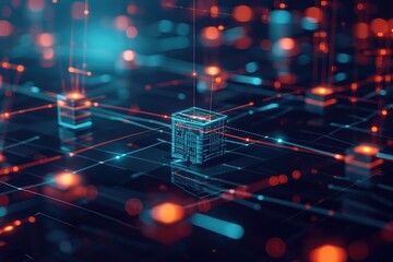 Poster - An abstract cube sculpture stands prominently in the middle of a contemporary room with clean lines and minimalistic decor, Multiple nodes exchanging data in a blockchain network, AI Generated